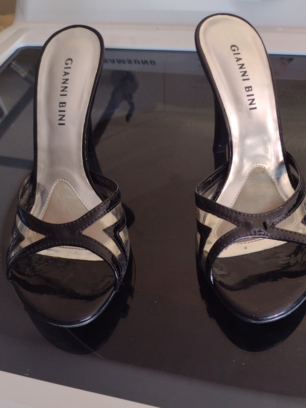 Gianni Bini Black Patent Slide Mules with Clear Insets Size 6